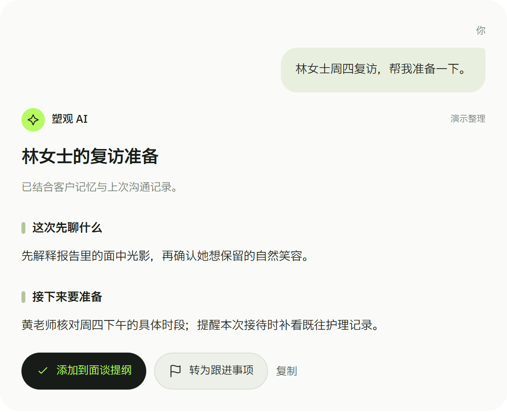 塑观AI依据林女士的客户记忆和沟通记录整理复访准备,可添加到面谈提纲或转为跟进事项。